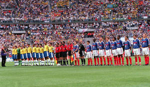 1998 World Cup Final. St. Denis, France. 12th July, 1998. France 3 v Brazil 0.   The two teams line up with officials before the match  .
